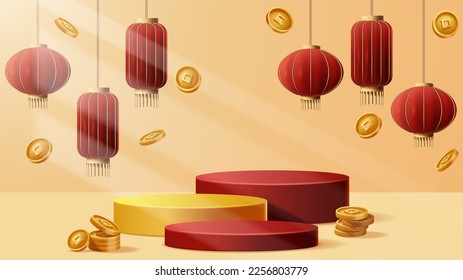 Chinese New Year display podium decoration background with chinese ornament. Vector 3D Illustration