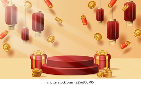 Chinese New Year display podium decoration background with chinese ornament. Vector 3D Illustration