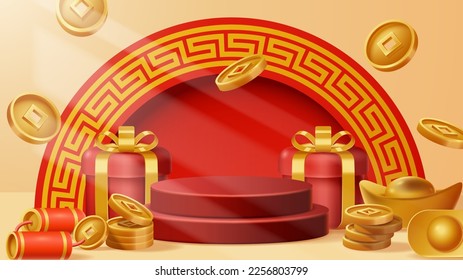 Chinese New Year display podium decoration background with chinese ornament. Vector 3D Illustration
