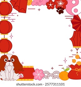 Chinese new year of dog 2030 vector graphic line square frame, New Year background material. lantern lunar festival, transparent background
