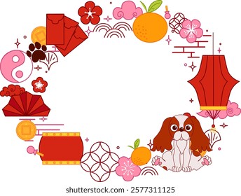 Chinese new year of dog 2030 oval frame template for your text. CNY lunar lantern festival related objects vector graphic illustration
