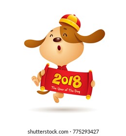 Chinese New Year. Dog character design with scroll. Traditional Chinese Costume. The year of the dog. 