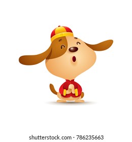 Chinese New Year. Dog character design with traditional chinese costume. The year of the dog. Gong xi Gong xi.