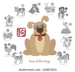 Chinese New Year of the Dog Color with Twelve Zodiacs with Chinese Symbol for Rat Ox Tiger Dragon Rabbit Snake Monkey Horse Goat Rooster Dog Pig Text in Circle Grayscale Vector Illustration