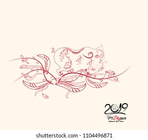 Chinese new year with dog in frame and floral. Year of the pig