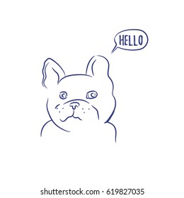 Chinese New Year dog symbol. French bulldog, speech cloud and words hello. Drawing cute dog face. T-shirt print, greeting card template