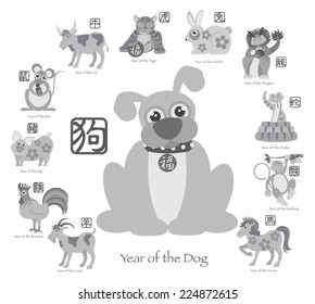 Chinese New Year of the Dog with Twelve Zodiacs with Chinese Symbol for Rat Ox Tiger Dragon Rabbit Snake Monkey Horse Goat Rooster Dog Pig Text in Circle Grayscale Vector Illustration