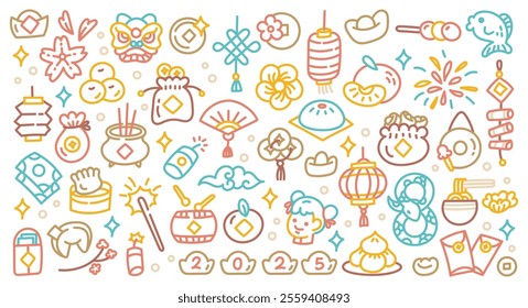 Chinese New Year Doodle Illustration | Festive Hand-Drawn Line Art with Traditional Lunar New Year Symbols, Lanterns, Dragons, Money, and Lucky Elements in Colorful Vector Style