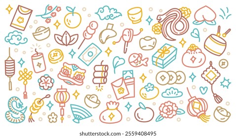 Chinese New Year Doodle Illustration | Festive Hand-Drawn Line Art with Traditional Lunar New Year Symbols, Lanterns, Dragons, Money, and Lucky Elements in Colorful Vector Style