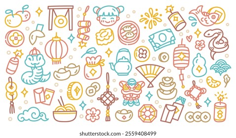 Chinese New Year Doodle Illustration | Festive Hand-Drawn Line Art with Traditional Lunar New Year Symbols, Lanterns, Dragons, Money, and Lucky Elements in Colorful Vector Style