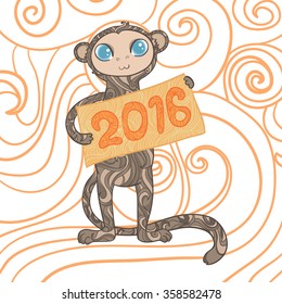 Chinese New Year doodle illustration with cheerful Monkey. Vector illustration with monkey and a tablet with 2016. Beautiful illustration on white background with orange curves.