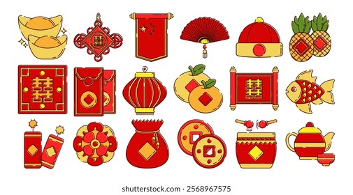 Chinese New Year doodle illustrations featuring gold ingots, lanterns, red envelopes, fireworks, fish, pineapple, tea set, and more festive symbols. Perfect for holiday themed designs.