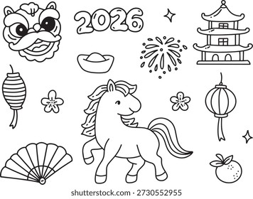 Chinesisches neues Jahr doodle set vektor lineart