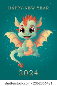 Chinese New Year of the Dragon 2024 card in cartoon style. New year poster with cute little dragon character and text.
