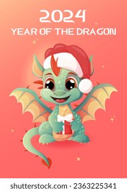  Chinese New Year of the Dragon 2024 card in cartoon style. New year poster with cute little dragon character in a hat and with a gift.