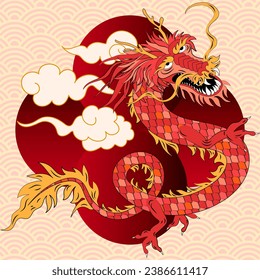Chinese new year, Year of the dragon 2024 decorative drawing graphic design with water texture and swirl clouds. Cover, vector illustration