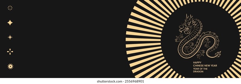 Chinese new year, year of the dragon banner template design with dragons, Gold line for background lunar new year isolated in black