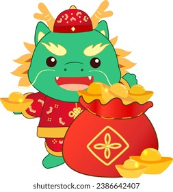 Chinese new year of dragon cute cartoon character holding traditional red money bag full with gold ingot.