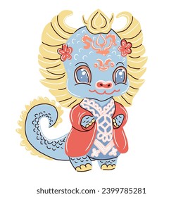 Chinese New Year of Dragon, cute little baby dragon in national Chinese costume. Vector illustration.
