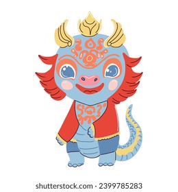 Chinese New Year of Dragon, cute little baby dragon in national Chinese costume. Vector illustration.