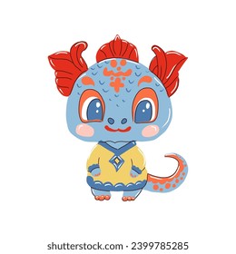 Chinese New Year of Dragon, cute little baby dragon in national Chinese costume. Vector illustration.