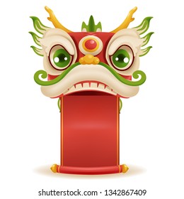 Chinese new year dragon dance head. Holding a red banner decorated with gold. Mascot for lucks year china New Year.  Cartoon vector illustration isolated on a white background.