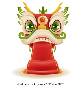 Cabeza de baile del dragón chino del año nuevo. Con una pancarta roja decorada con oro. Mascota para el año de los gallos Año Nuevo de China.  Ilustración vectorial de caricatura aislada en fondo blanco.