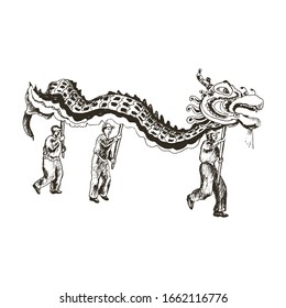 Chinese New Year Dragon Dance Parade Vector Illustration. Asia Lunar Holiday Hand Drawn People Characters at Festive Party Isolated for Invitation Card.
