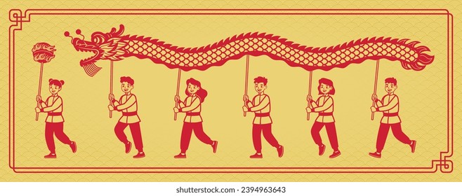 Chinese New Year Dragon Dance with Chinese Red Paper Cut Art Style on Gold Color Background.