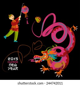 Chinese New Year. Dragon dance. Greeting card. Vector illustration