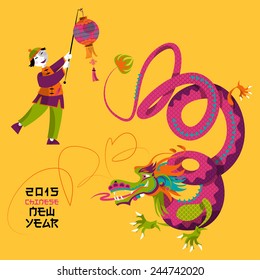 Chinese New Year. Dragon dance. Vector illustration