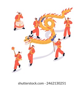 Danza del dragón del Año Nuevo chino. Celebración del festival de primavera. Gente feliz celebrando la festividad lunar en una actuación callejera, desfile en China. Ilustración vectorial plana aislada sobre fondo blanco