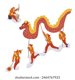 Chinese New Year dragon dance. Spring festival celebration. Happy people celebrating lunar holiday at festive street performance, parade in China. Flat vector illustration isolated on white background
