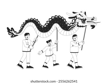 Chinese New Year dragon dance linear illustration. Spring festival asian kids. Young dragon dancers performing during cny 2D line characters isolated on white. Monochrome vector outline image