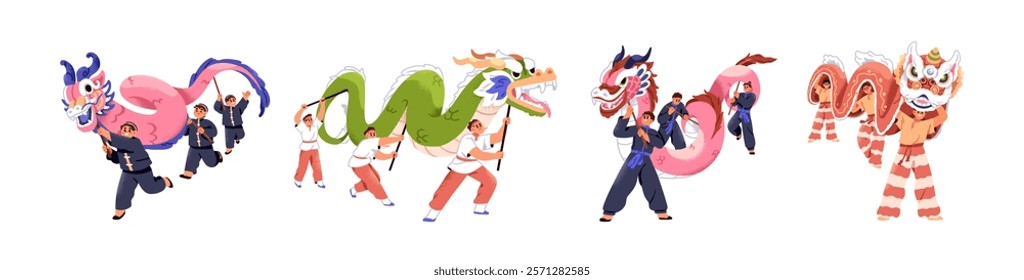 Chinese New Year dragon dance performance, set. Festive traditional Asian celebration for luck and fortune. Lunar festival parade in China. Flat vector illustration isolated on white background