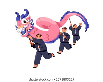 Chinese New Year dragon dance performance. Traditional cultural Asian holiday celebration. Performers carrying mascot symbol at street parade. Flat vector illustration isolated on white background