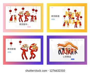 Chinese New Year Dragon Festival Landing Page Set. Man Dance in Red Costume. Happy Traditional Asian Holiday Concept for Website or Web Page. Flat Cartoon Vector Illustration