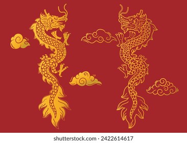 Chinese New Year, Chinese dragon gold zodiac sign on red background