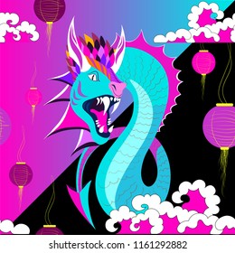 Chinese new year. The dragon and lanterns. Christmas lanterns neon
