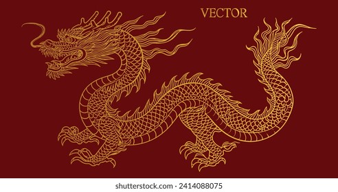 Chinese New Year Dragon in Line Art Style: Vector Lunar New Year Illustration with Traditional Dragon, Celebrating Asian Culture and Festival, Chinese Zodiac Animal