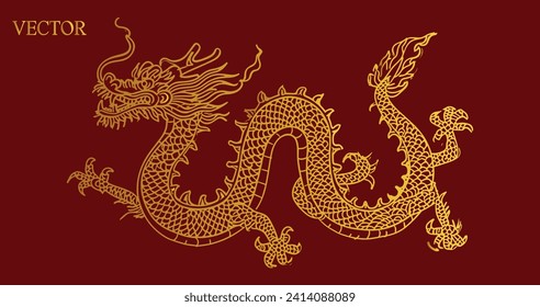 Chinese New Year Dragon in Line Art Style: Vector Lunar New Year Illustration with Traditional Dragon, Celebrating Asian Culture and Festival, Chinese Zodiac Animal