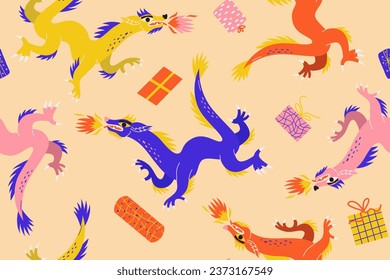 Chinese New Year Dragon seamless pattern. Chinese zodiac dragon. Hand drawn vector illustration. Winter pattern, perfect for kids textile, nursery decor, fabric, wrapping paper.