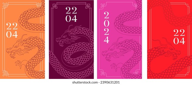 Chinese New year, Dragon new year. Story templates, envelopes design, greeting cards collection. Modern minimalist vector design