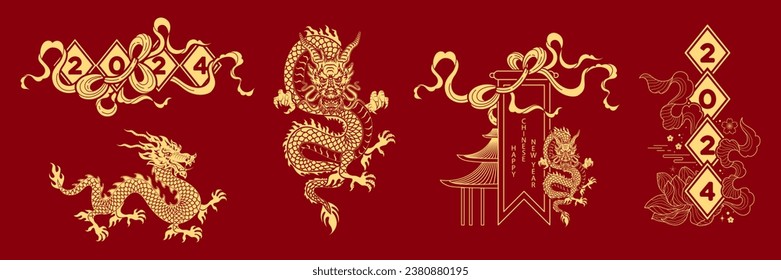 Chinese new year dragons vector illustration. Traditional style for card, print, flyers, posters, merch, covers.