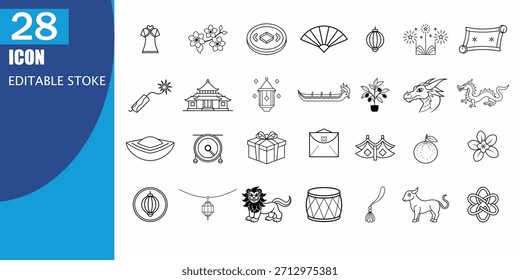 Conjunto de iconos de Vector editables del año Nuevo chino - Festival lunar, dragón, linterna, símbolos de la suerte e iconos de arte de línea