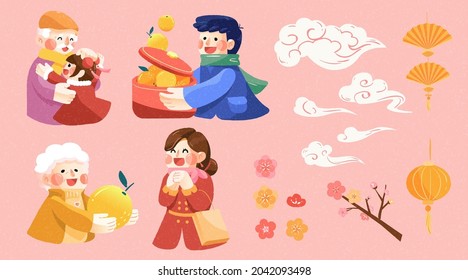 Chinese new year element collection, including happy Asian family characters and other holiday related symbols. Isolated on pink background.