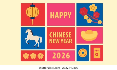 Chinese new year element collection, happy Asian family characters elements. on pink background.  year of the horse
