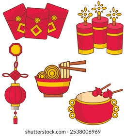 Chinese new year element : envelope, candles, lentern, noodle bowl and drum. Lunar festival element. Happy new year Chinese. 