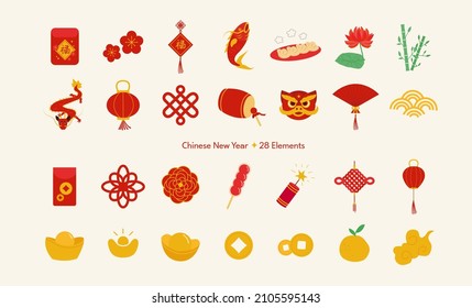 Chinese New Year element set. Spring Festival isolated icons collection, coins, lantern, food, red envelope, flower, dragon. Character means good fortune. Editable vector illustration.