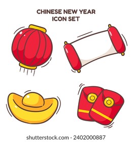 Chinese New Year element set icon vector. Gold ingot, lantern, food, red envelope. Hand drawn cartoon flat style. Isolated white background